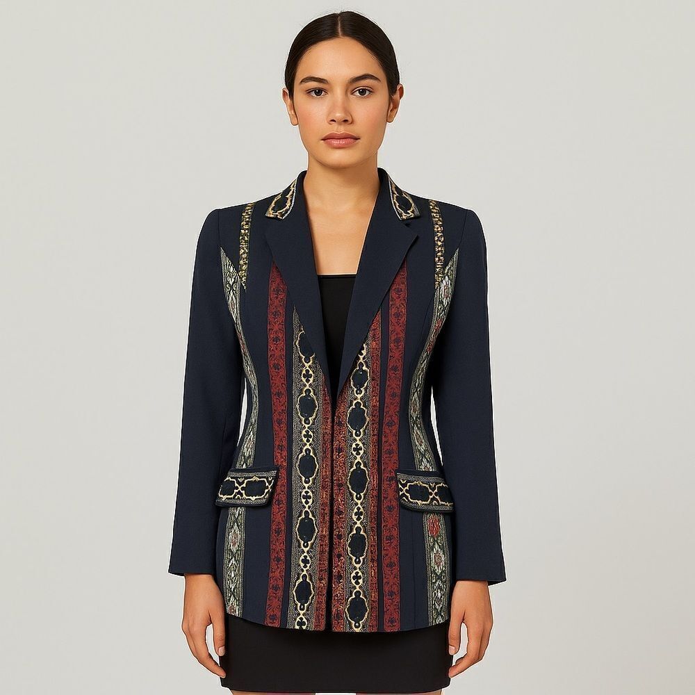 Vintage Tapestry Pattern Navy Blue Retro Blazer